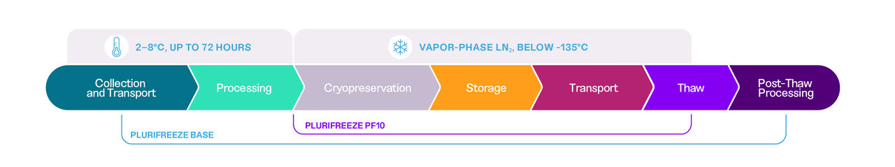 Cryopreservation workflow diagram showing when to use the PluriFreeze Base and PF10