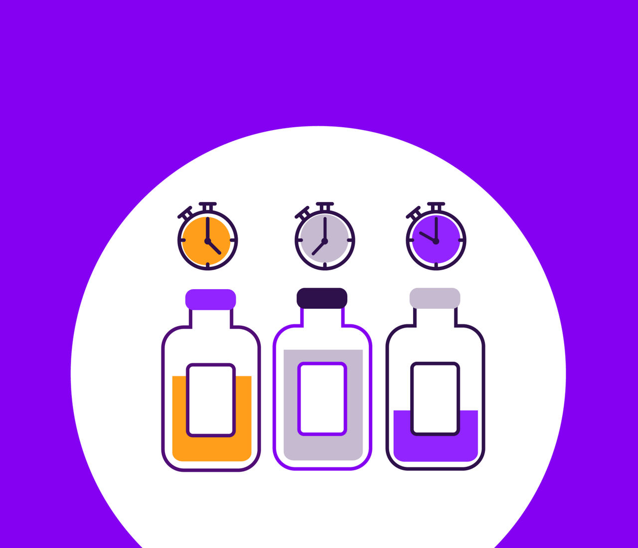 Illustration with clocks and custom reagents, representing stability testing