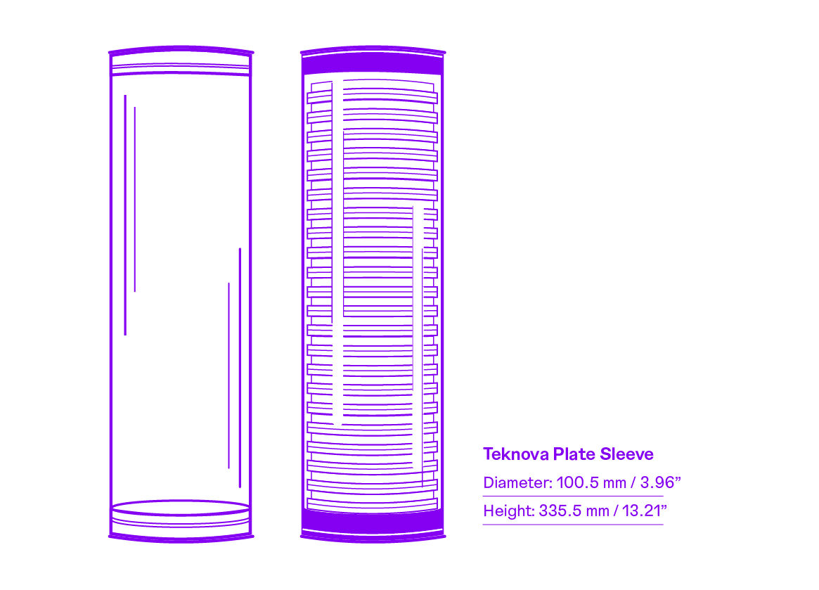 Diagram of Teknova's proprietary plate dispensing sleeve, including the dimensions: diameter 100.5 mm, height 335.5 mm 
