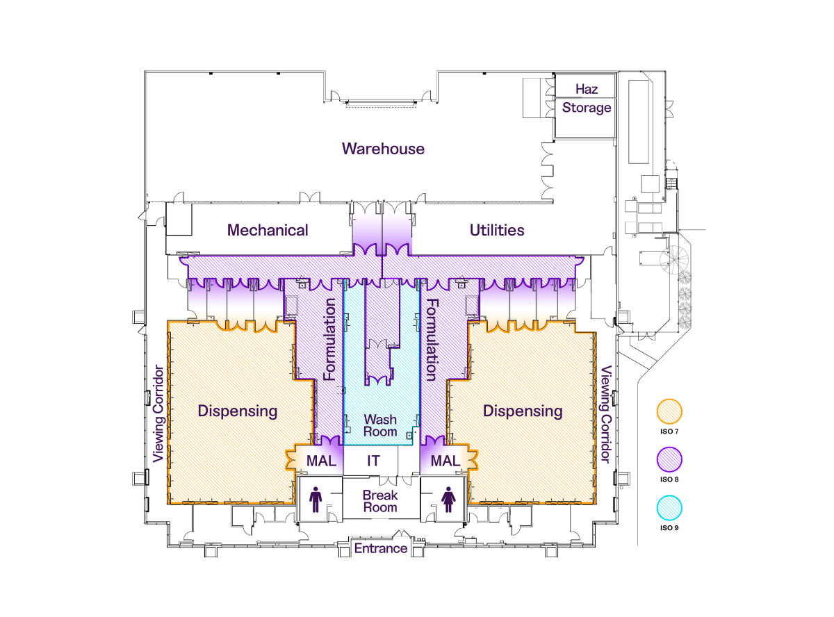 Map of Teknova's manufacturing facilities showing mirror image ISO 7 cleanrooms