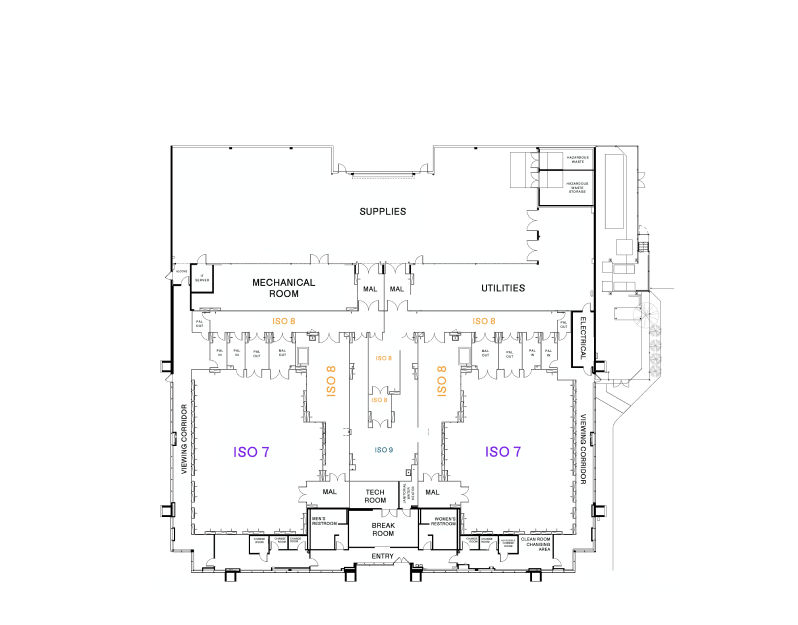 Map of Teknova's manufacturing facilities, showing ISO 7 and 8 cleanrooms
