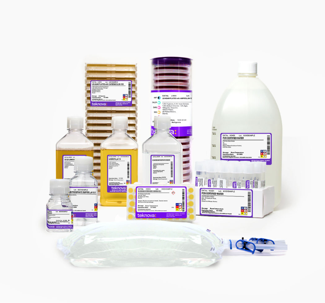 Various agar plates, buffers and reagents, and broths in tubes bottles and bags