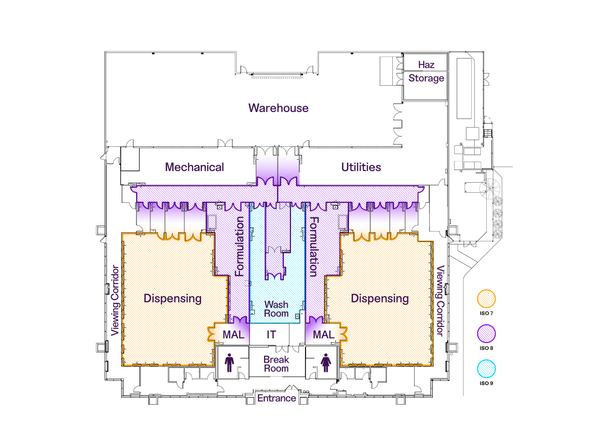 Map of Teknova's manufacturing facilities showing mirror image ISO 7 cleanrooms