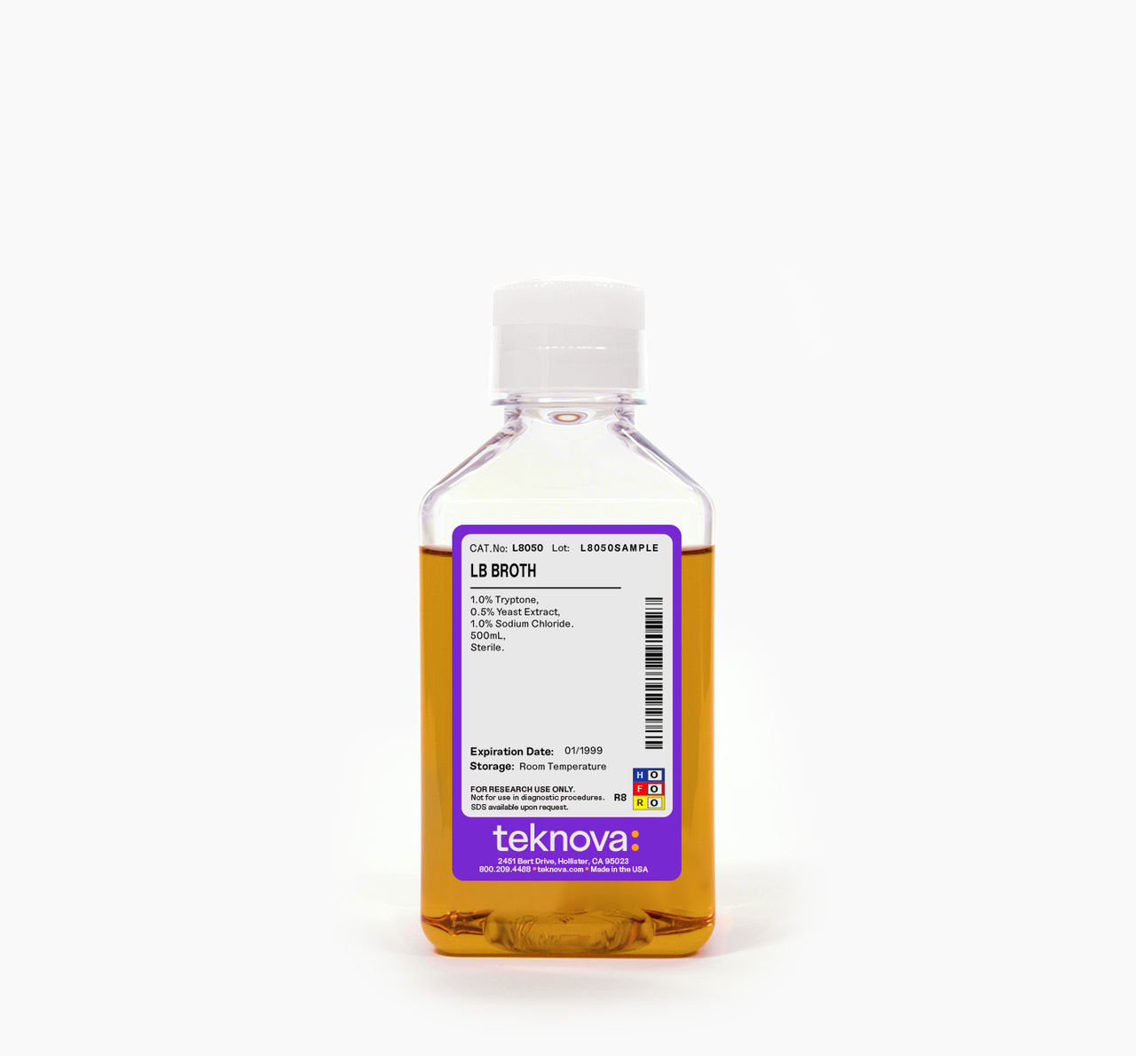 LB Broth in a 500 mL bottle