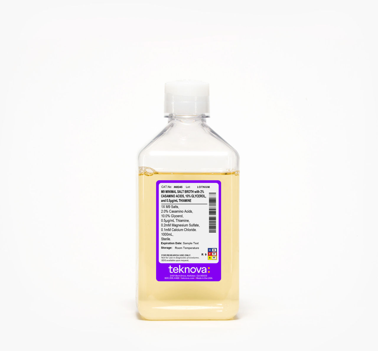 M9 Minimal Salt Broth with 2% Casamino Acids, 10% Glycerol, and 0.5 µg/mL Thiamine in a 1000 mL bottle