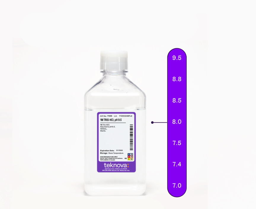 Tris-HCL Buffer with spectrum of pH options ranging from 7.0 to 9.5