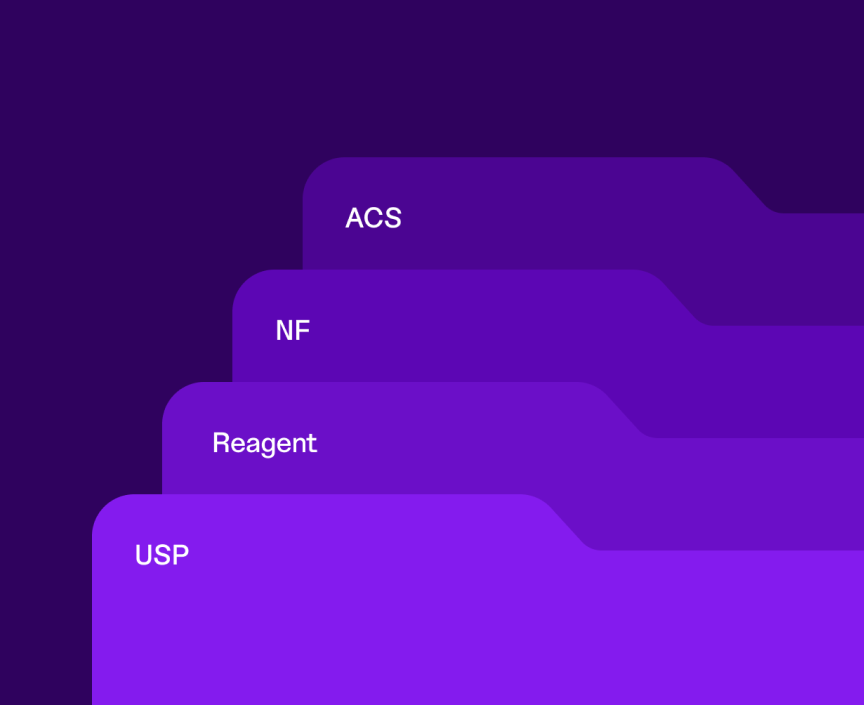 Illustration with list of different purity grades: USP, Reagent, NF, ACS
