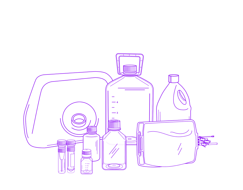 Illustration of liquid media container formats ranging from tubes to bottles to bags