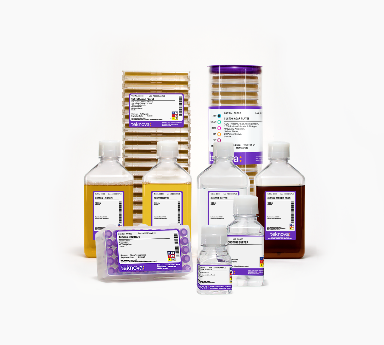 A selection of different agar plates, buffers and reagents, and broths, in tubes, bottles and sleeves