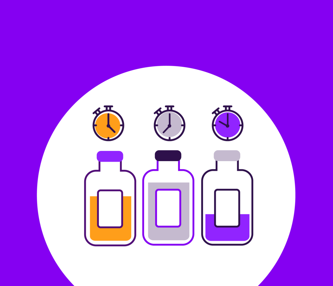 Illustration with clocks and custom reagents, representing stability testing